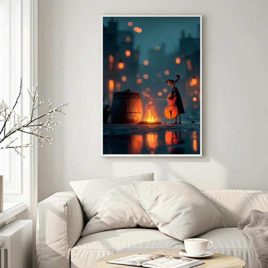 Wadi Home artwork: Cellist by a fire in a bokeh city. Features warm fire tones contrasting with cool city blues.