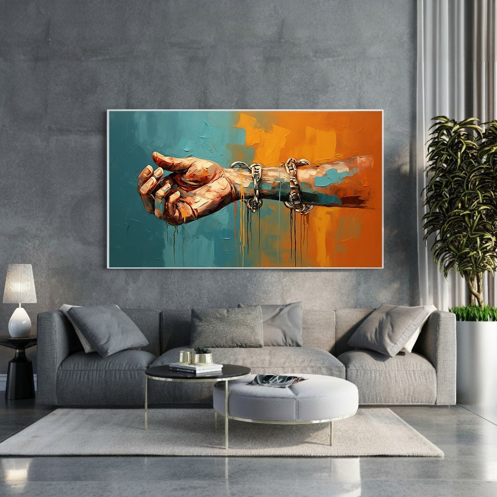 Wadi Home abstract art print of a chained arm in orange and teal, with dripping paint effect.