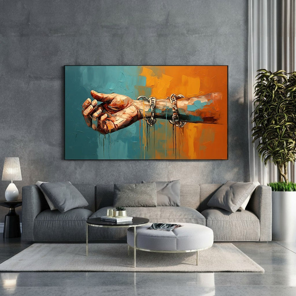 Wadi Home abstract art print of a chained hand in orange and teal, with dripping paint effect.