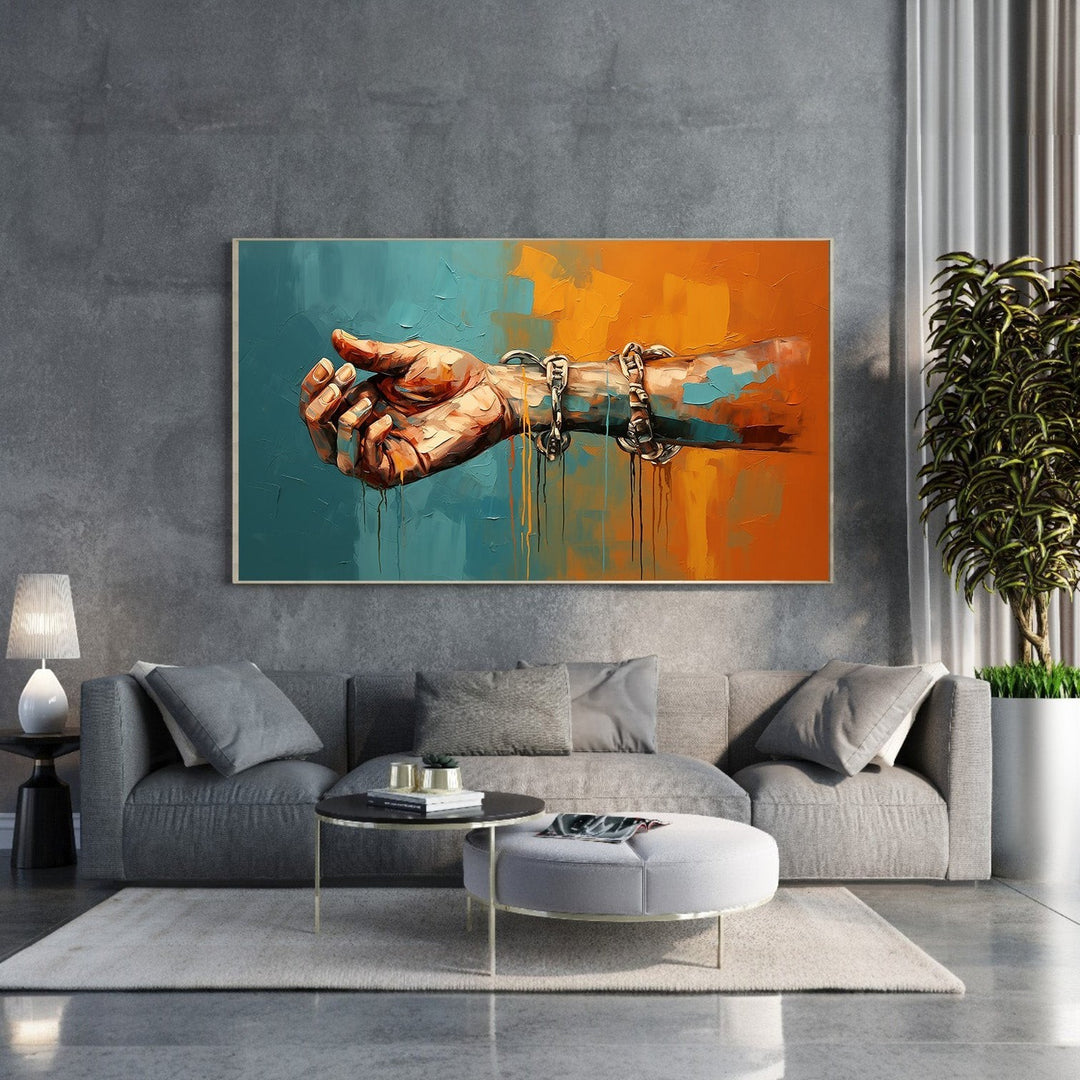 Wadi Home framed abstract art print of a chained hand in orange and teal tones, with dripping paint effect.