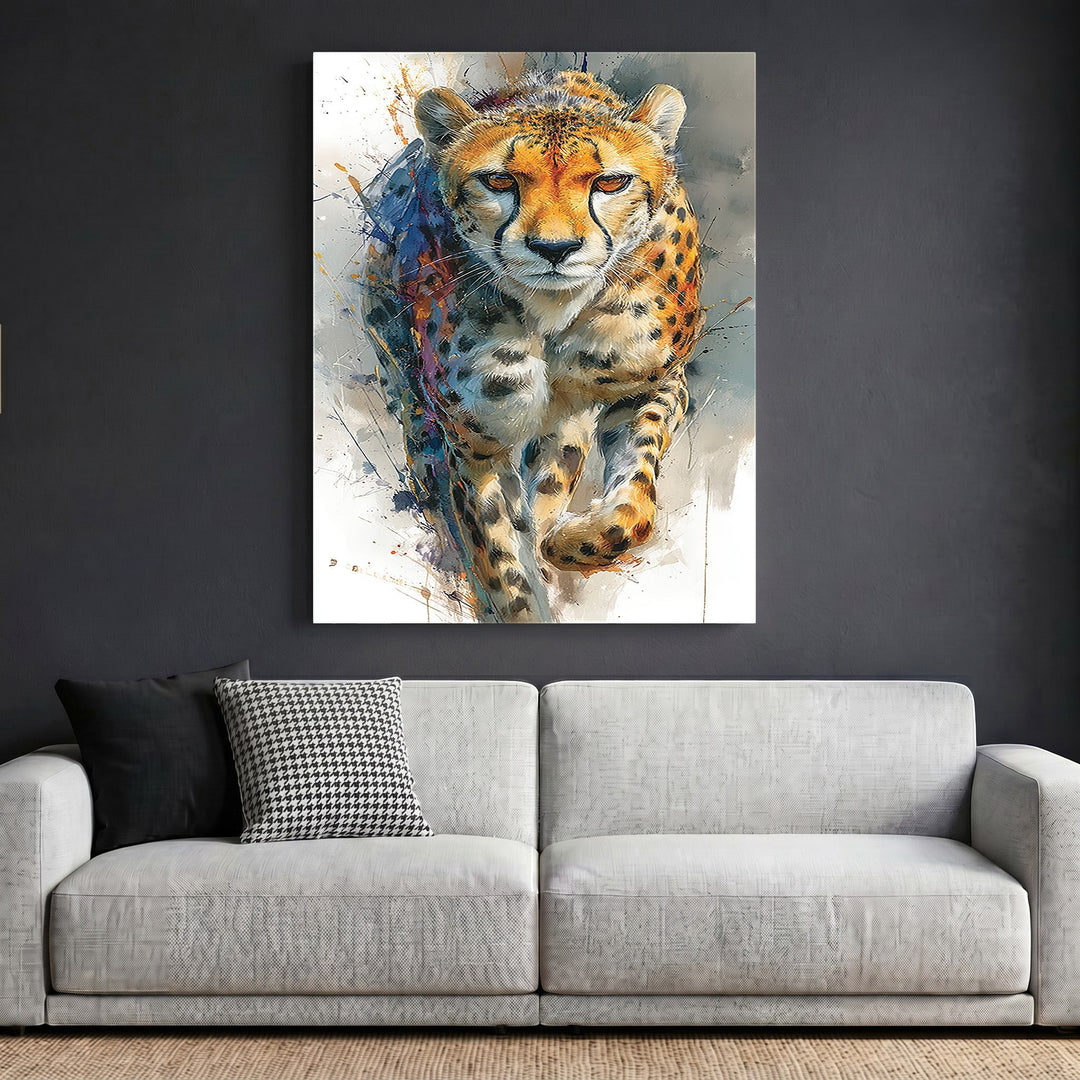 Wadi Home cheetah wildlife framed print with vibrant watercolor style art hanging above a modern grey sofa.