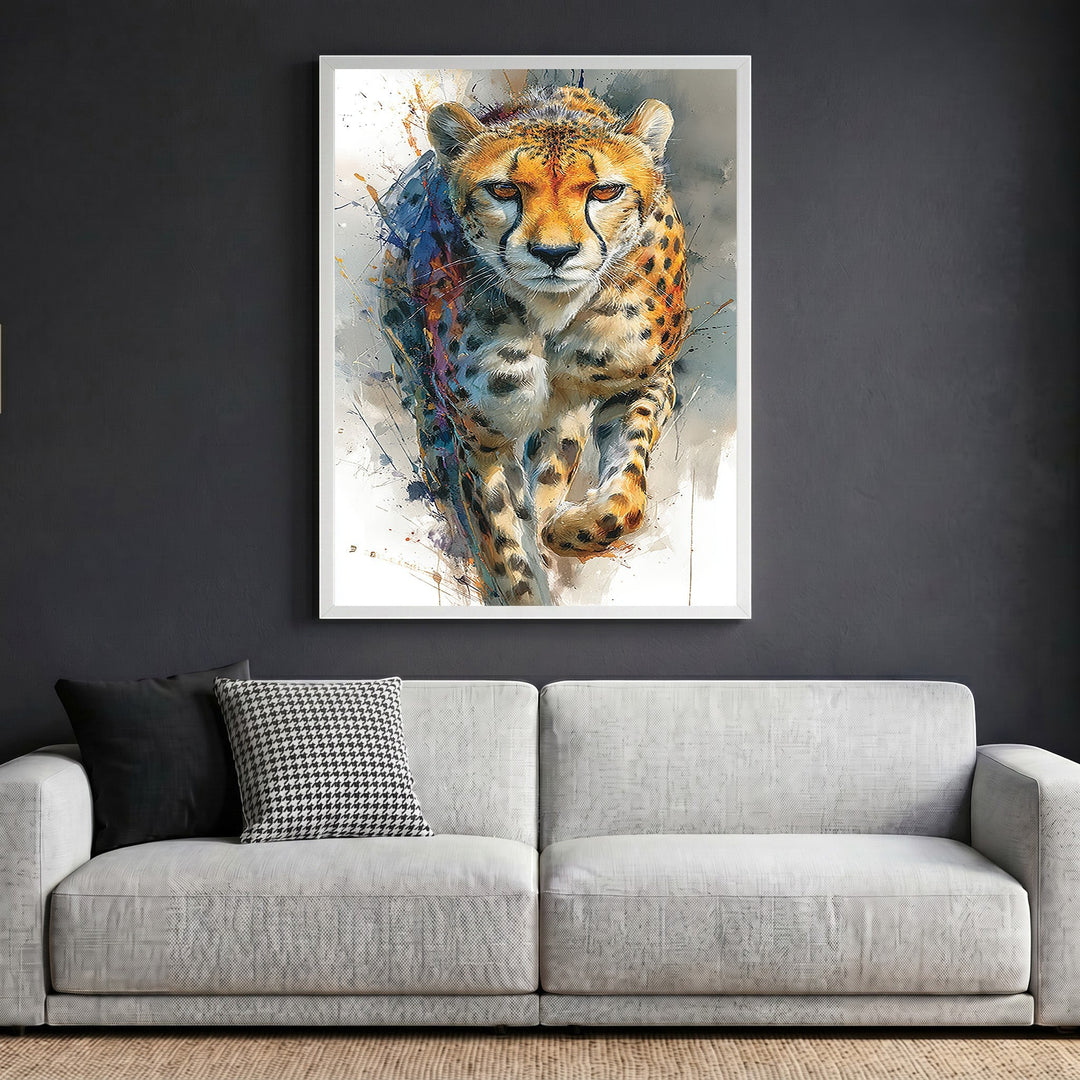 Wadi Home cheetah wildlife framed wall art print with vibrant brushstroke details hanging above a modern sofa.