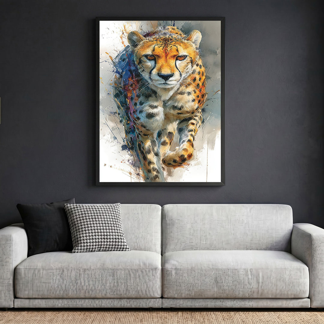 Wadi Home framed cheetah wall art print featuring a vibrant, artistic watercolor style painting above a modern sofa.