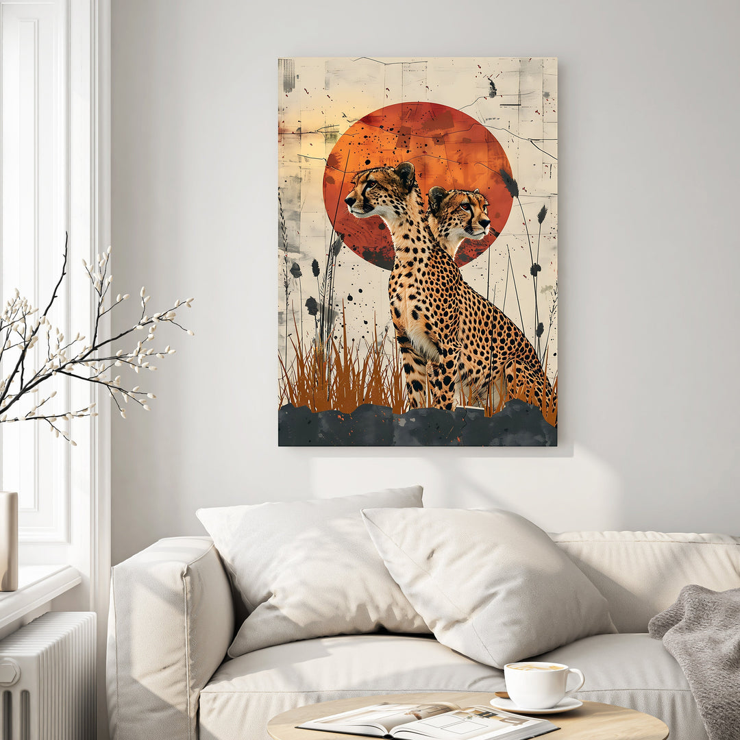 Wadi Home wall art featuring two cheetahs silhouetted against a textured orange sunset with tall grass.
