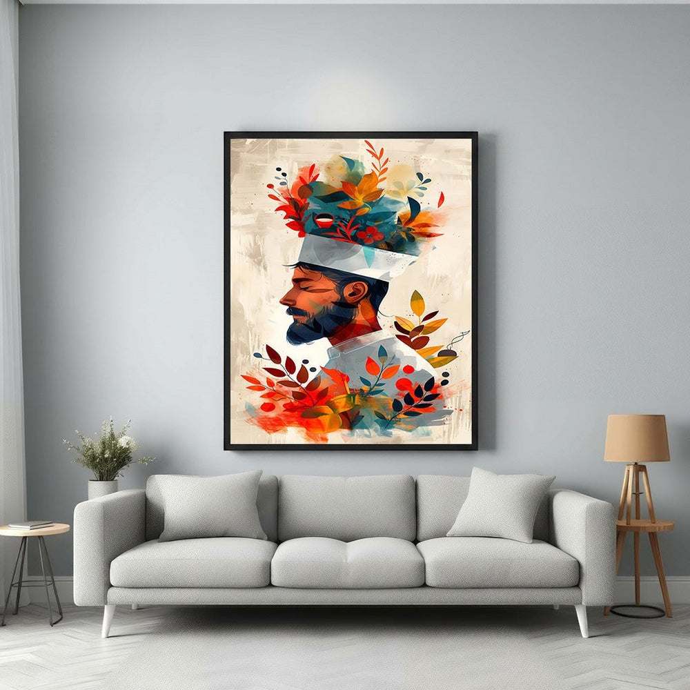 Wadi Home abstract wall art of a chef with a floral headpiece in warm, vibrant colors.