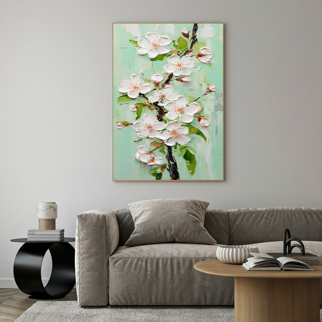 Wadi Home Textured Cherry Blossom Branch Wall Art with thick impasto white blossoms and green leaves on a pastel background.
