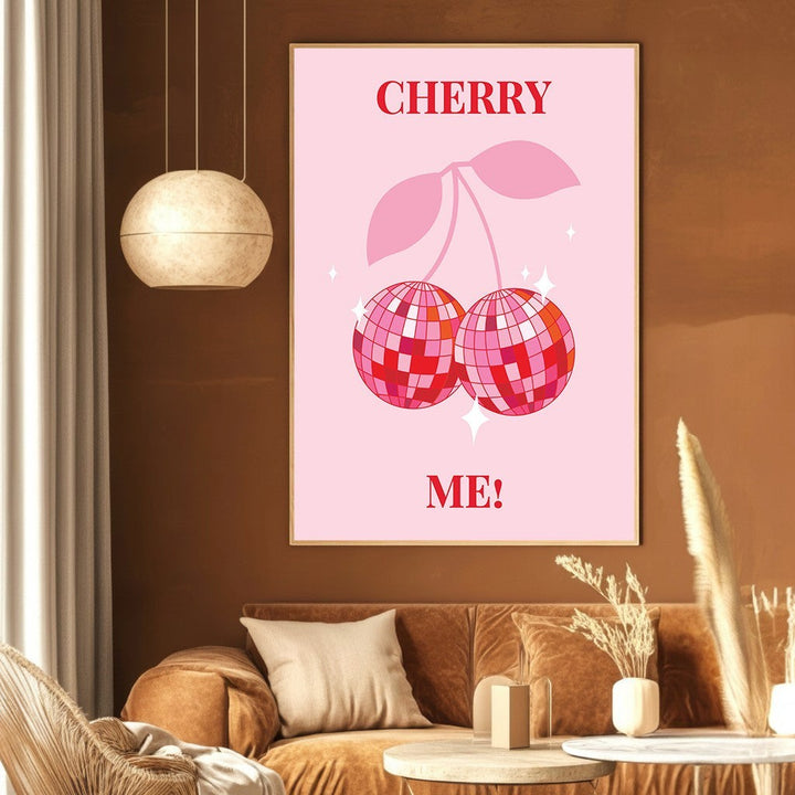 Wadi Home Cherry Me! wall art print featuring disco ball cherries on a pastel pink background in a modern living room.