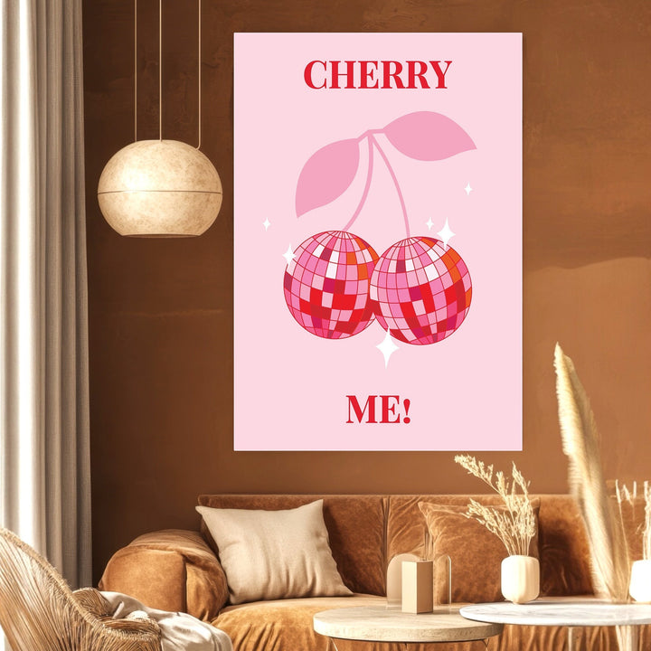 Wadi Home Cherry Me! wall art print featuring disco ball cherries on a pastel pink background in a modern living room.