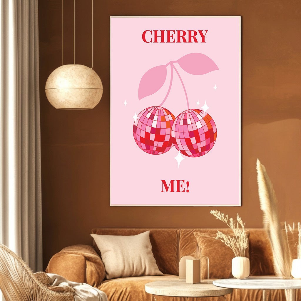 Wadi Home Cherry Me! wall art print featuring disco ball cherries on a pastel pink background in a modern living room.