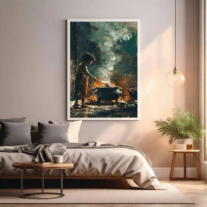 Wadi Home framed wall art depicting a child in a kitchen scene with dramatic colors and painterly style.