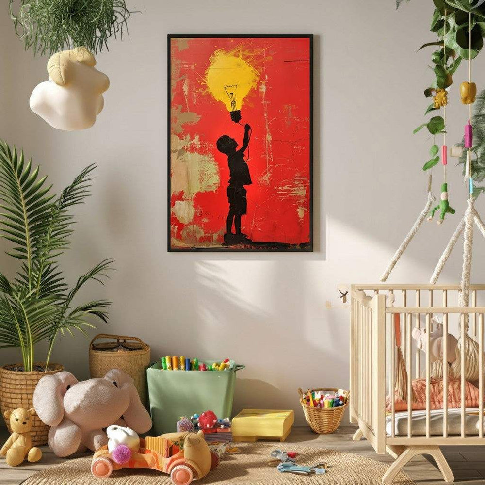 Wadi Home framed wall art of a child silhouette reaching for a yellow lightbulb against a textured red and gold background.
