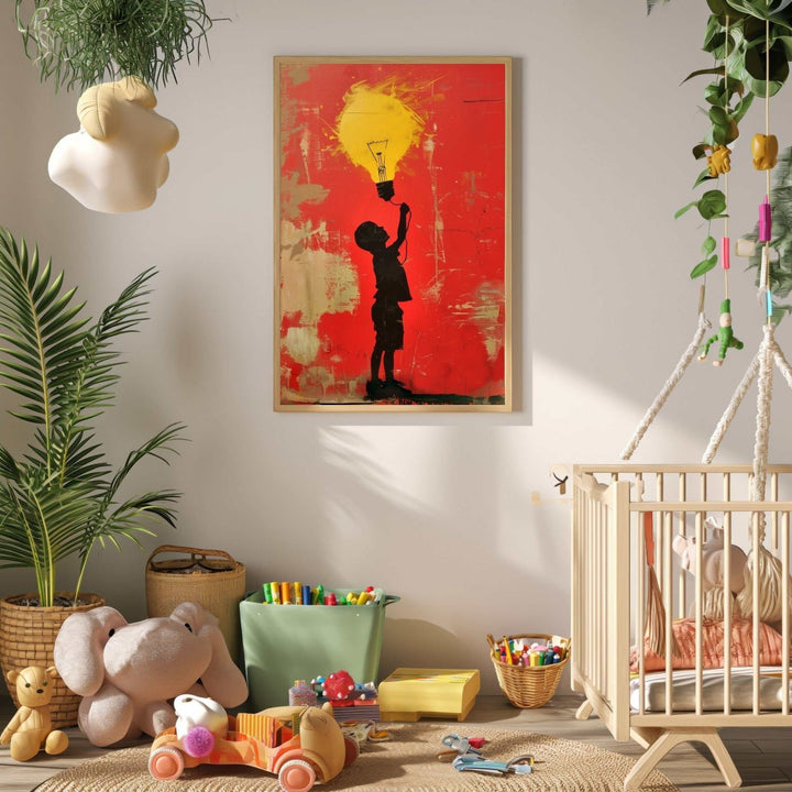 Wadi Home framed wall art of a child silhouette holding a glowing lightbulb against a textured red and gold background.