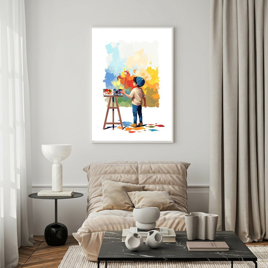 Wadi Home abstract art print of a child painting with vibrant blues, yellows, and reds on a canvas.