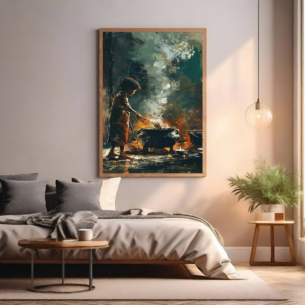 Wadi Home framed wall art of a child stirring a cauldron in a painterly kitchen scene with dramatic colors.