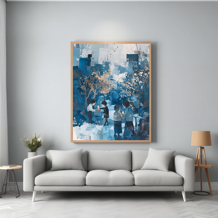 Wadi Home abstract watercolor painting of children gathered around candles, in deep blues and golden hues.