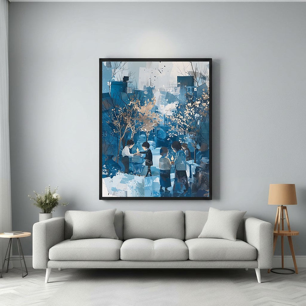 Wadi Home abstract watercolor painting of children gathered around lit candles, in shades of blue and gold.