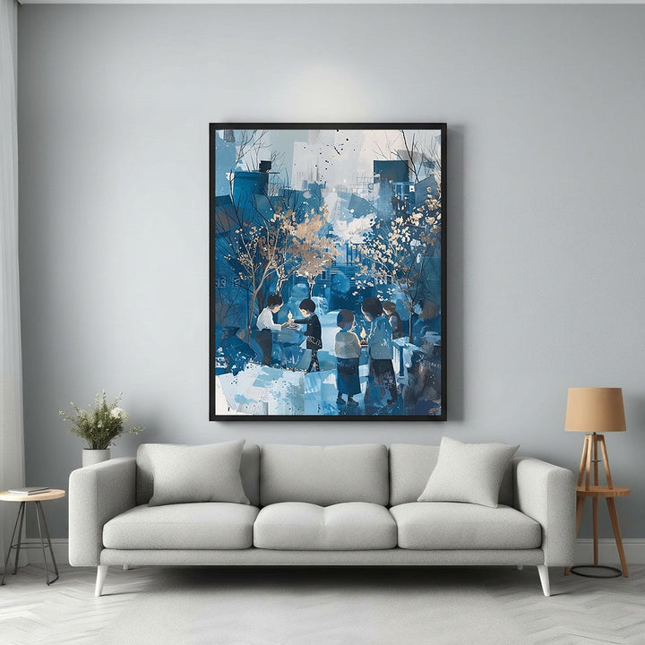 Wadi Home abstract watercolor painting of children gathered around lit candles, in shades of blue and gold.