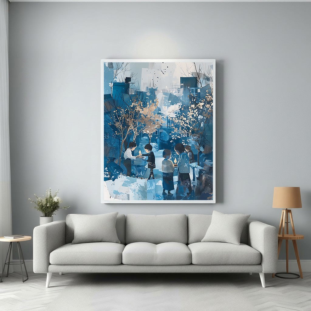 Wadi Home abstract watercolor painting of children gathered around candles in a blue and gold palette.