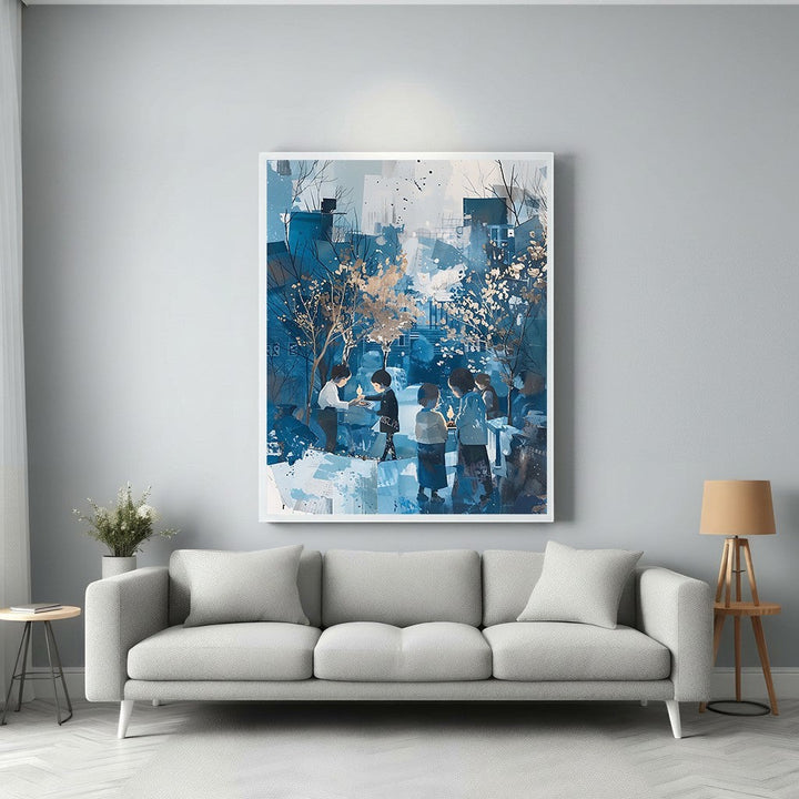 Wadi Home abstract watercolor painting of children gathered around candles in a blue and gold palette.