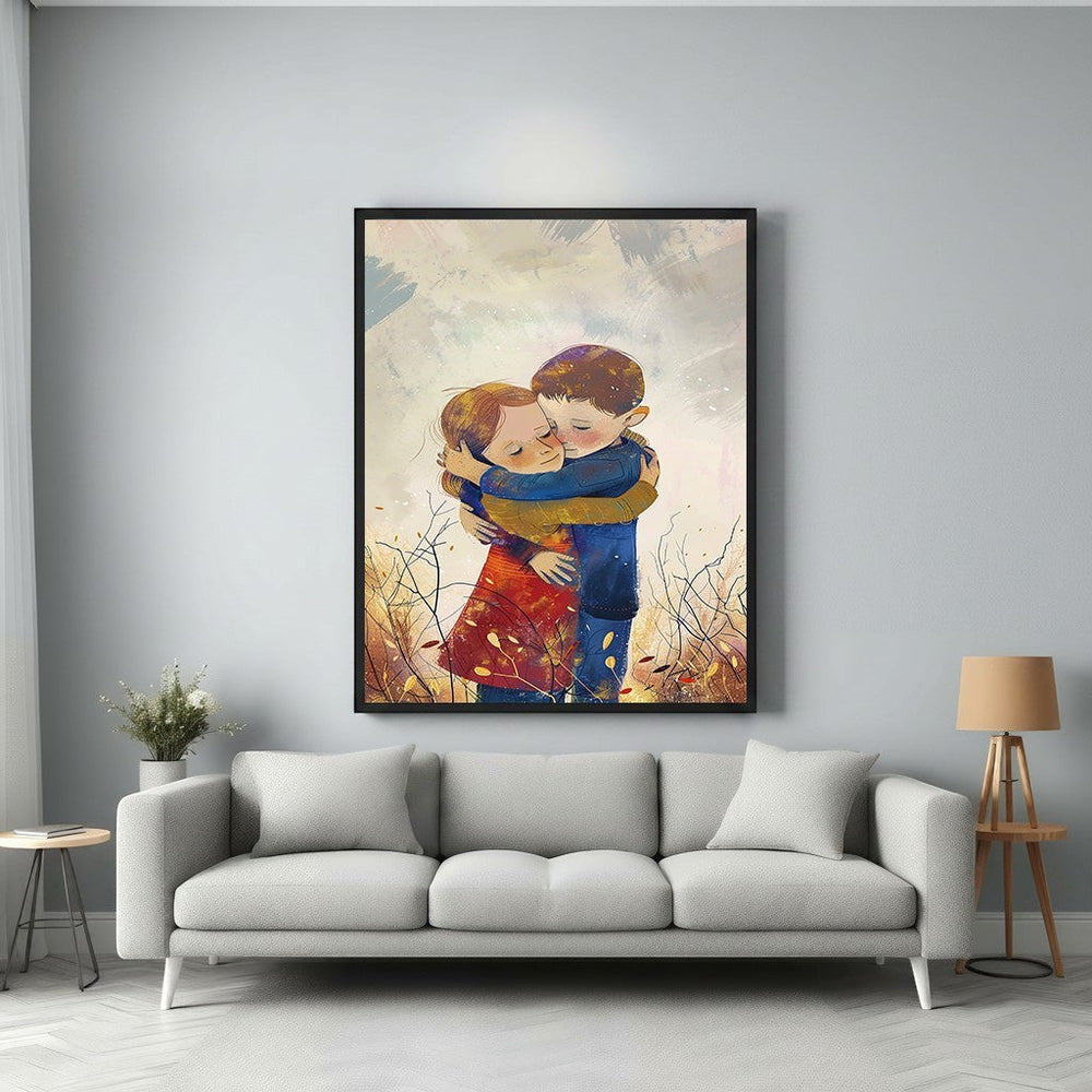 Wadi Home artwork of two children embracing in a field of wildflowers, painterly style, warm colors.
