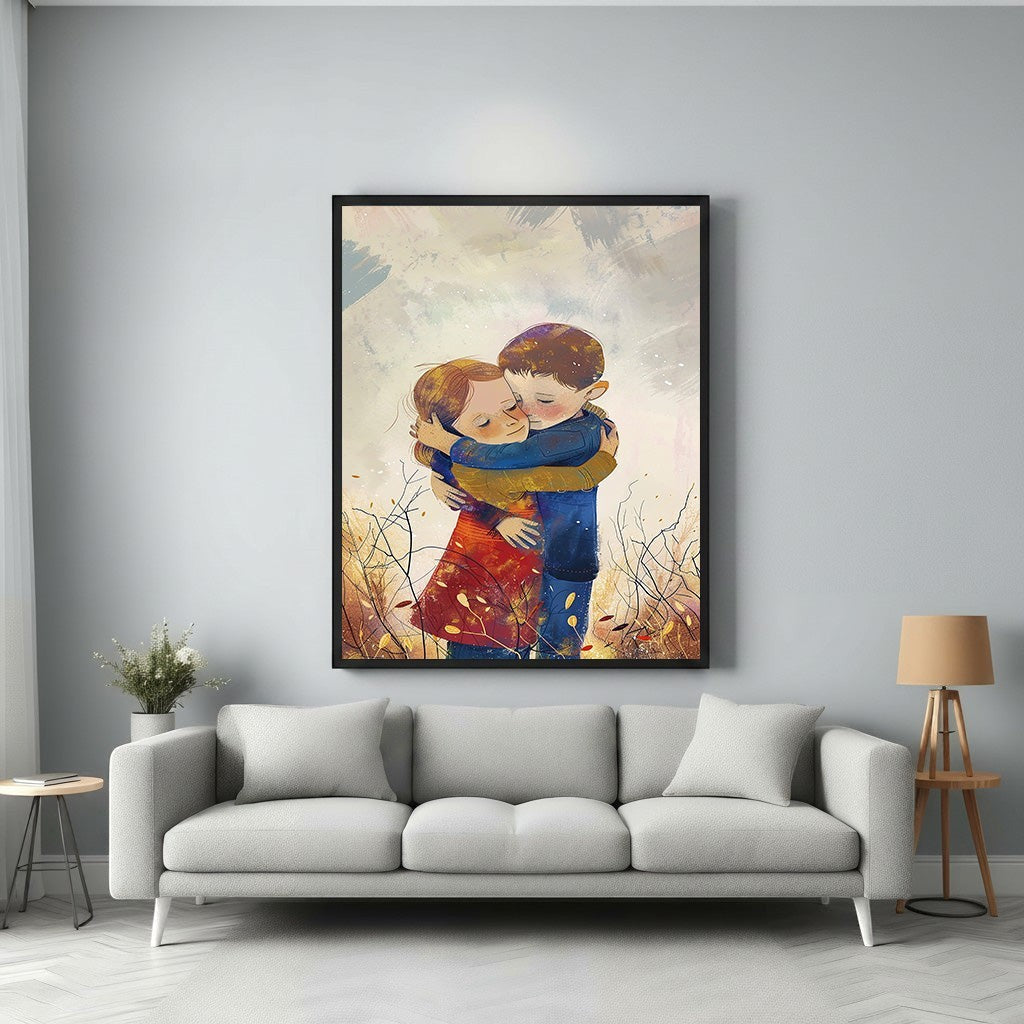 Wadi Home artwork of two children embracing in a field of wildflowers, painterly style, warm colors.