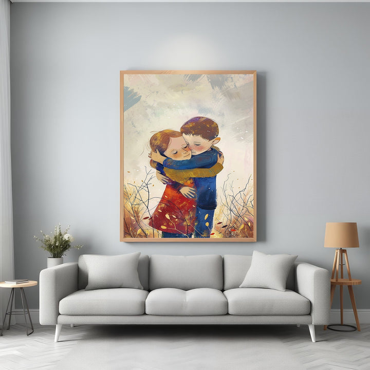 Wadi Home artwork of two children embracing in a field of wildflowers, painterly style, warm colors.