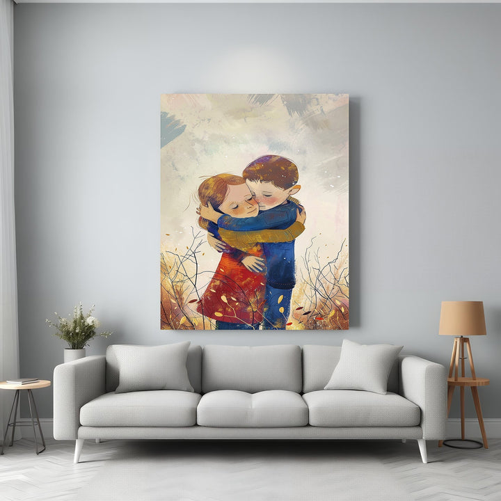 Wadi Home artwork of two children embracing in a field of wildflowers, painterly style, warm colors.