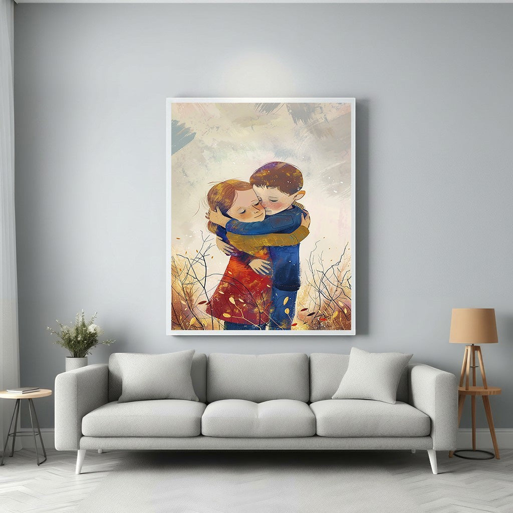 Wadi Home artwork of two children embracing in a field of wildflowers, with soft colors and a painterly style.