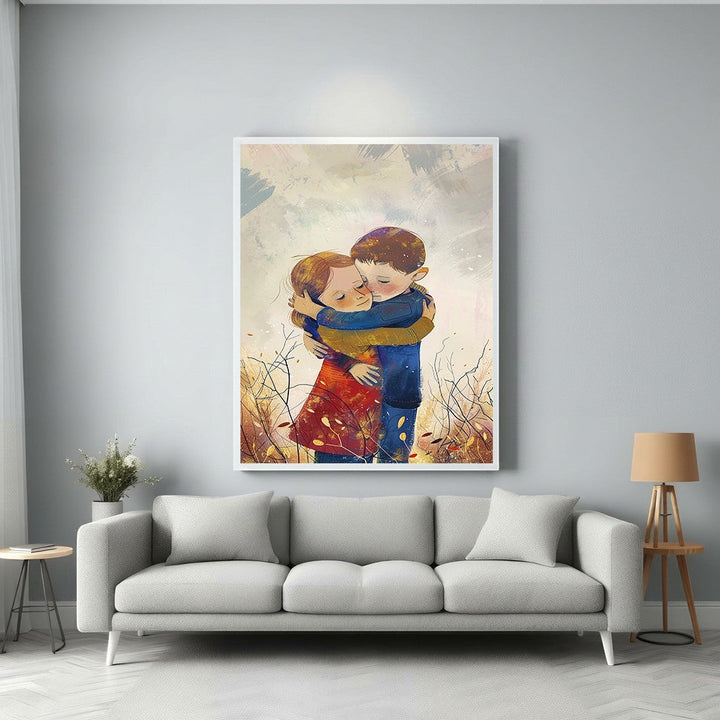Wadi Home artwork of two children embracing in a field of wildflowers, with soft colors and a painterly style.