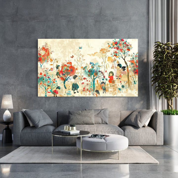 Wadi Home framed wall art print of children playing in a whimsical garden with colorful trees and flowers.