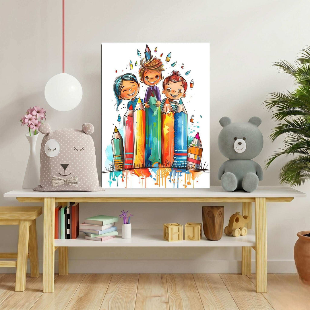 Wadi Home artwork of three smiling children peeking from behind colorful oversized pencils in watercolor style.