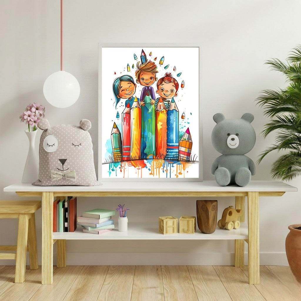 Wadi Home artwork featuring three smiling children peeking from behind colorful oversized pencils in a watercolor style.