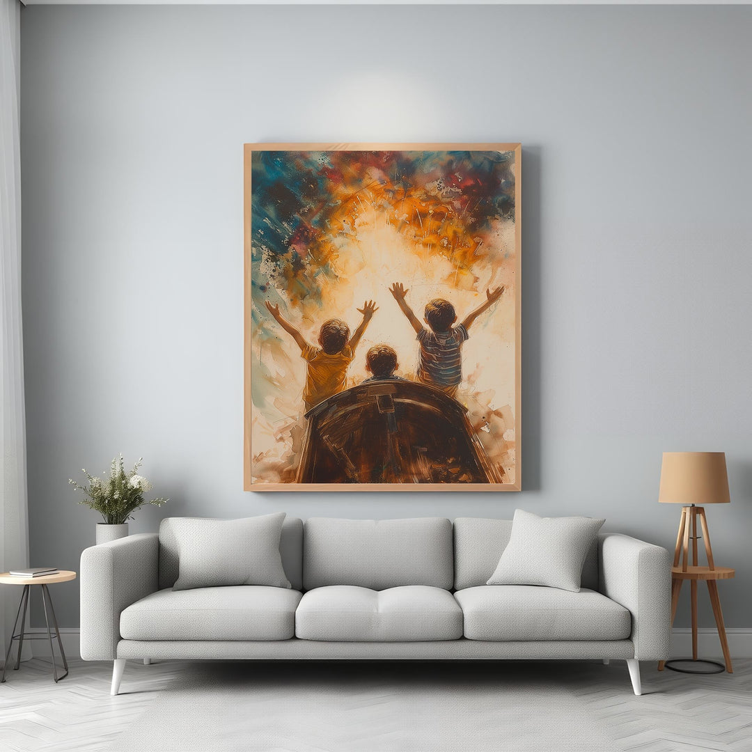 Wadi Home artwork of three children with arms raised in joy against a vibrant, abstract sky. Captures hope and wonder.