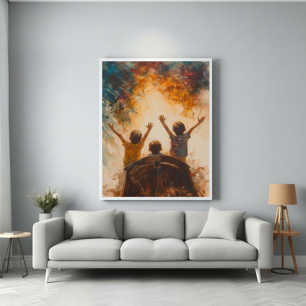 Wadi Home artwork of three children with arms raised, reaching for the sky, against a vibrant abstract background of warm golden light and energetic colors.