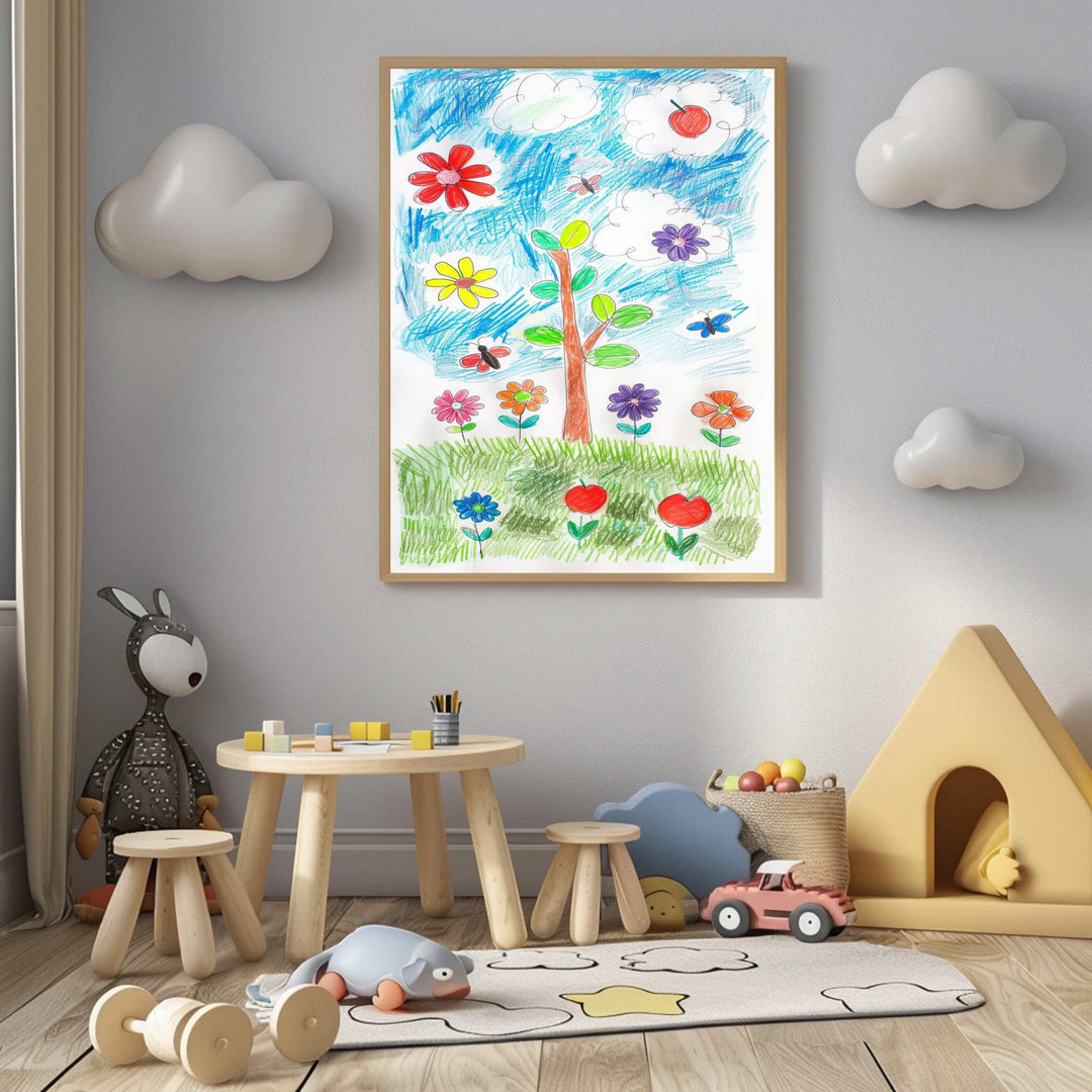 Wadi Home children's artwork display frame with a colourful drawing of a tree, flowers, and clouds. MDF frame with glass front.