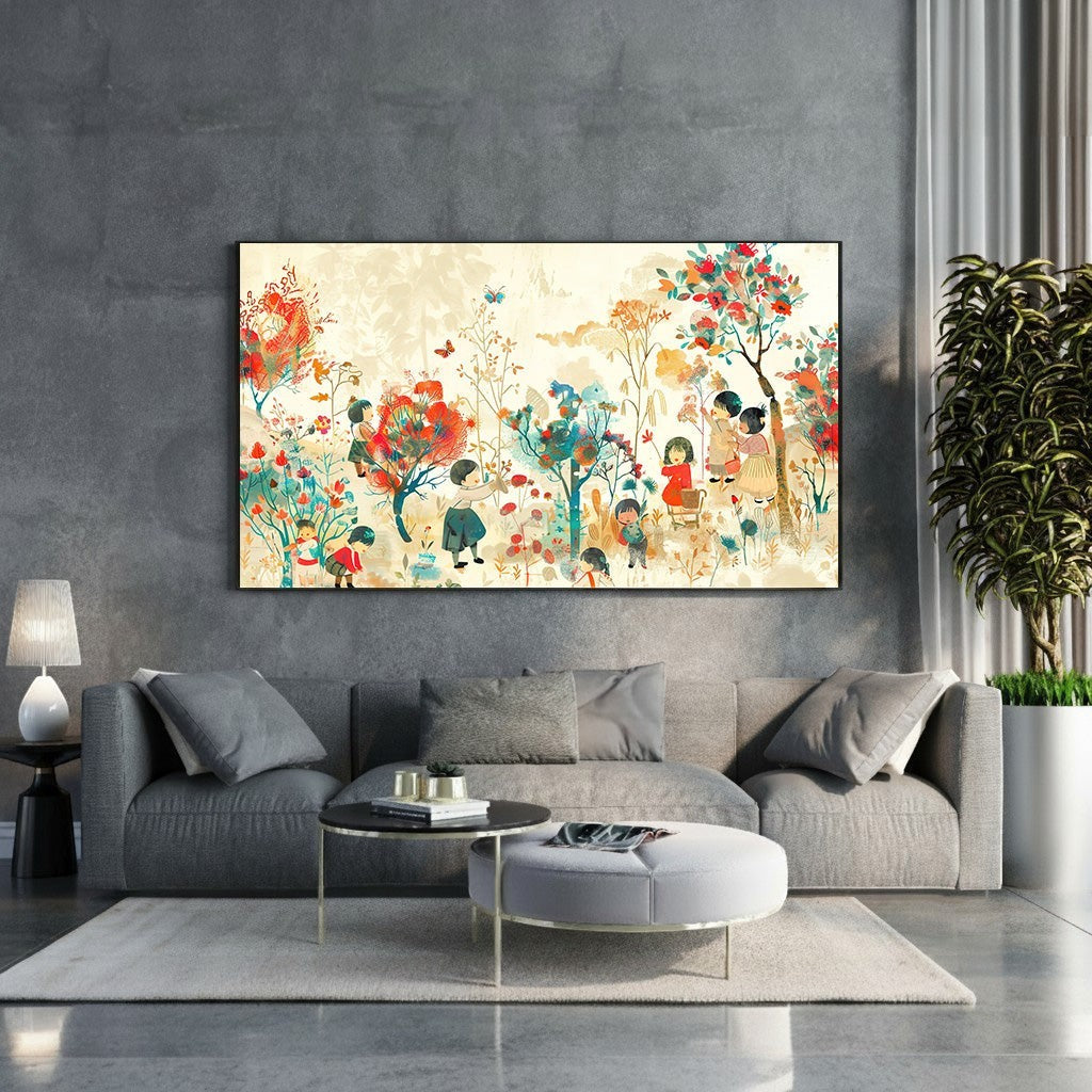 Wadi Home framed print of children playing in a whimsical garden with vibrant red and blue flowers and trees.