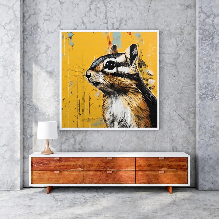 Wadi Home chipmunk portrait wall art with detailed illustration on vibrant yellow textured background.