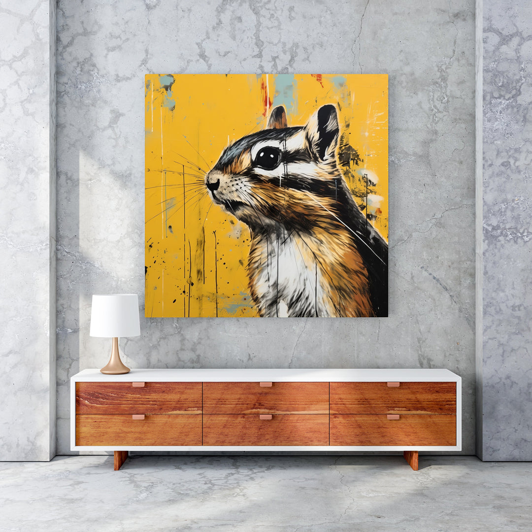 Wadi Home chipmunk portrait wall art with textured yellow background, featuring detailed illustration and dynamic composition.
