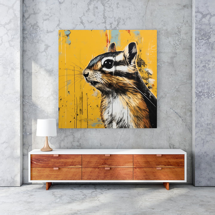 Wadi Home chipmunk portrait wall art with textured yellow background, featuring detailed illustration and dynamic composition.