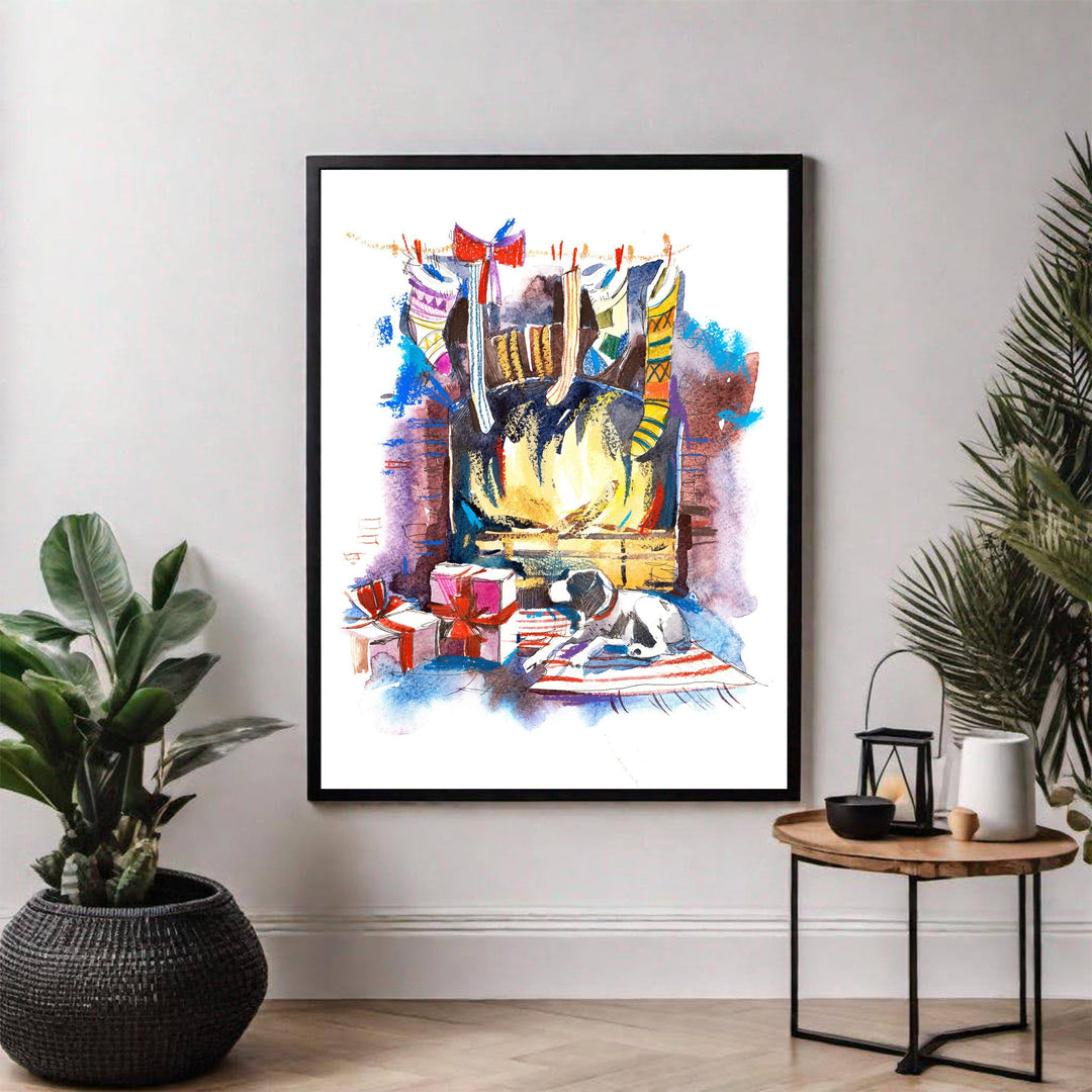 Wadi Home watercolor painting of a cozy Christmas fireplace scene with stockings, gifts, and a dog. Festive holiday decor.