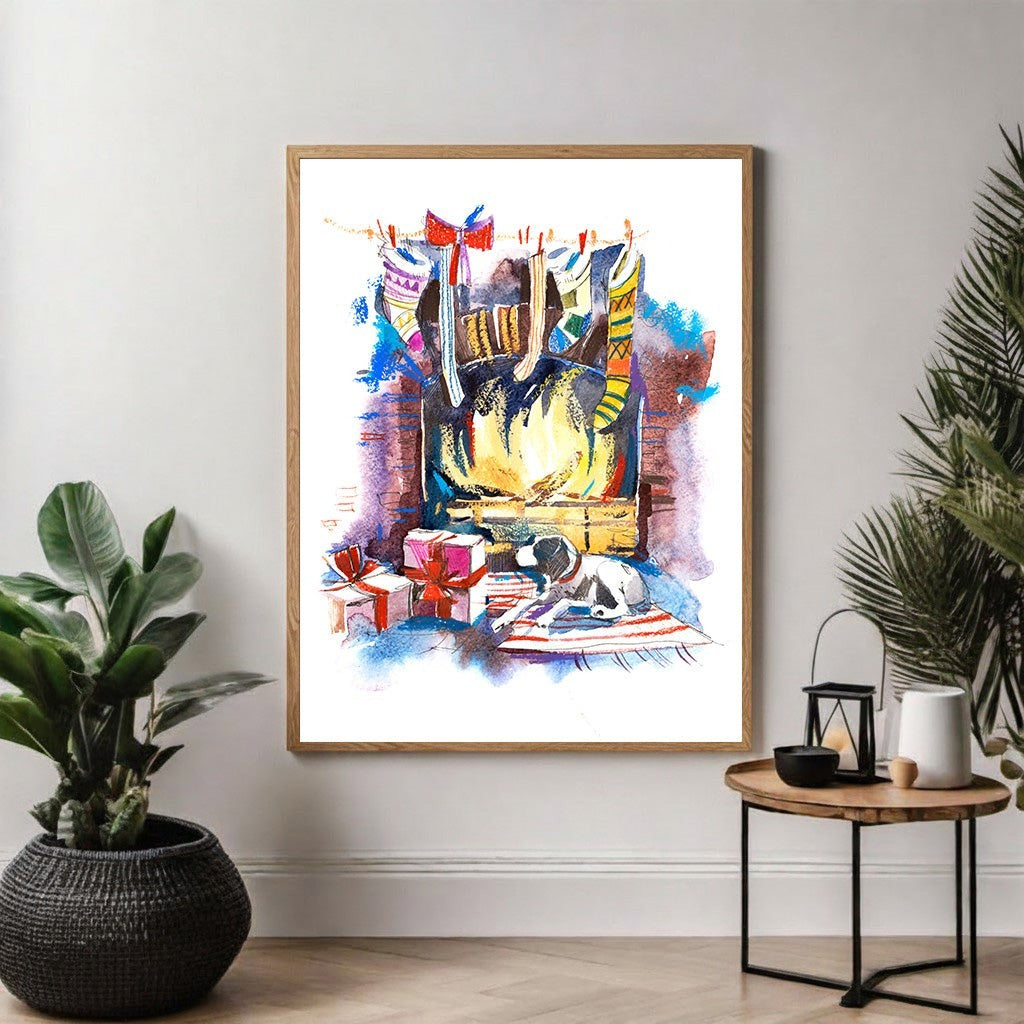 Wadi Home watercolor painting of a cozy Christmas fireplace scene with stockings, gifts, and a dog.