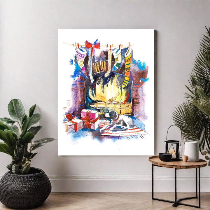 Wadi Home watercolor painting of a cozy Christmas fireplace scene with stockings, gifts, and a dog.