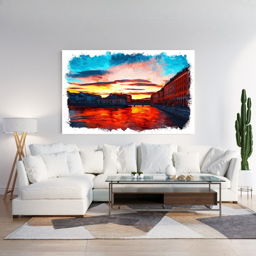 Wadi Home vibrant cityscape sunset canvas print with fiery orange water reflections and blue sky.