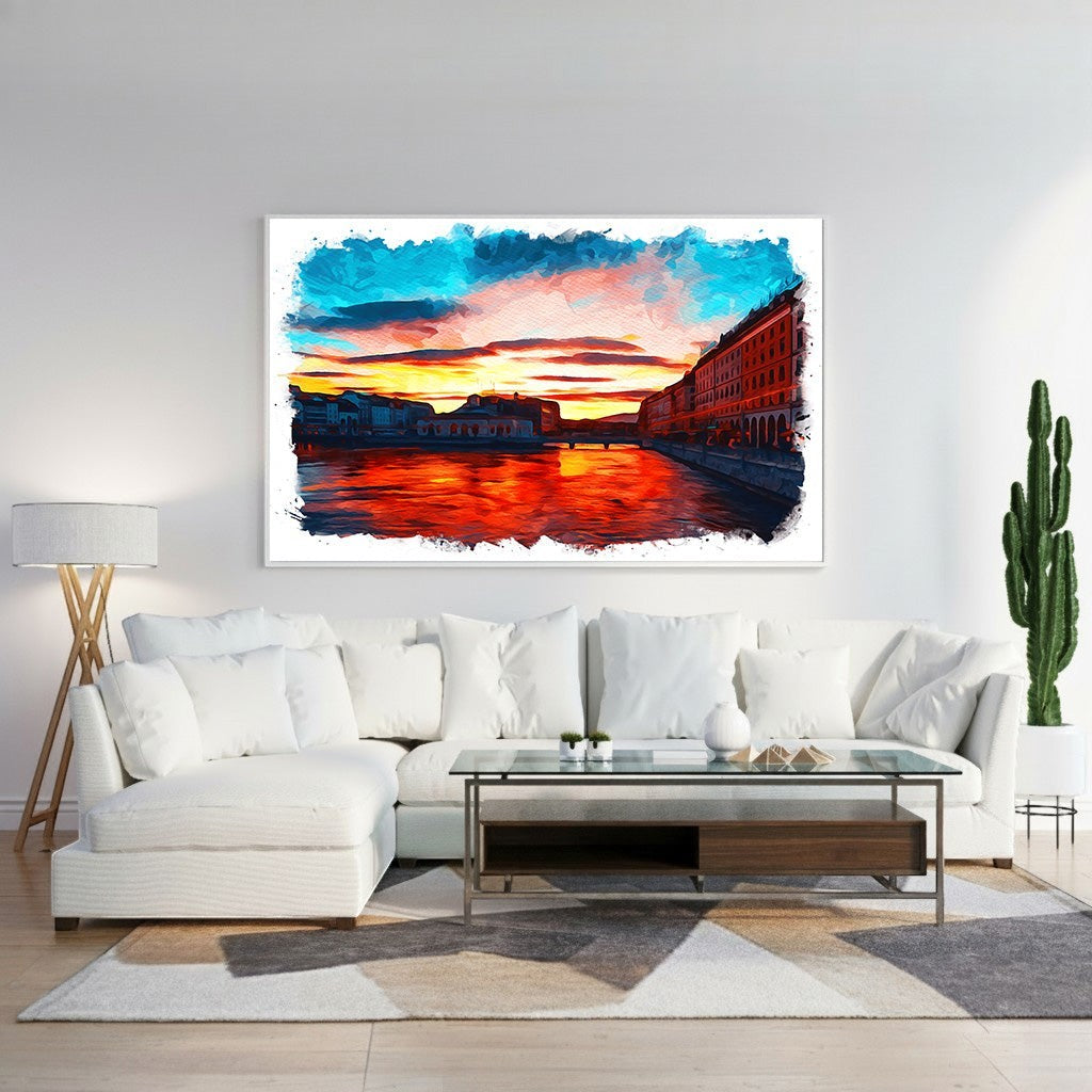 Wadi Home vibrant cityscape sunset canvas print with fiery orange water reflections and dramatic sky.