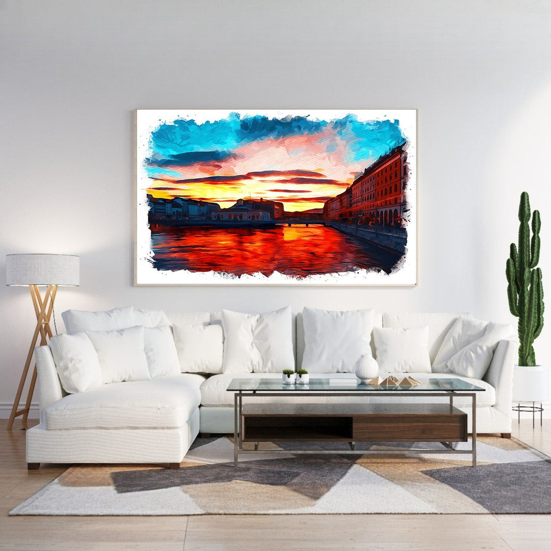 Wadi Home vibrant cityscape sunset canvas print with fiery orange water reflections and blue sky.