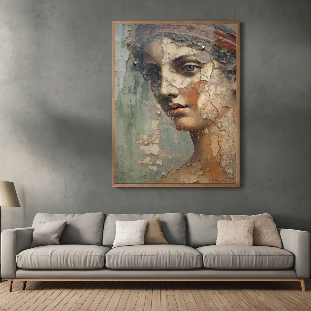 Wadi Home classical portrait wall art print with distressed fresco texture in a wooden frame above a grey sofa.