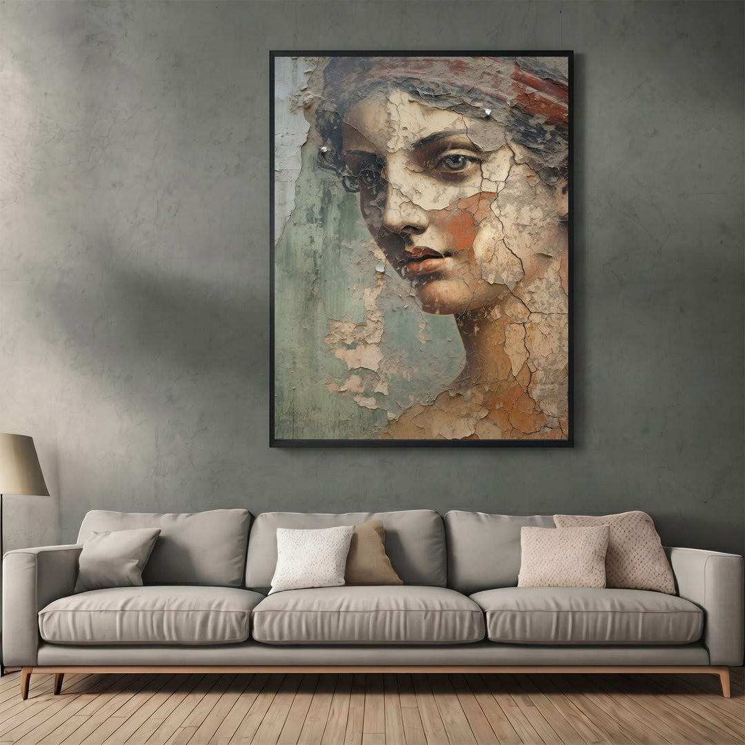 Wadi Home classical portrait wall art with distressed fresco texture in a modern living room above a grey sofa.