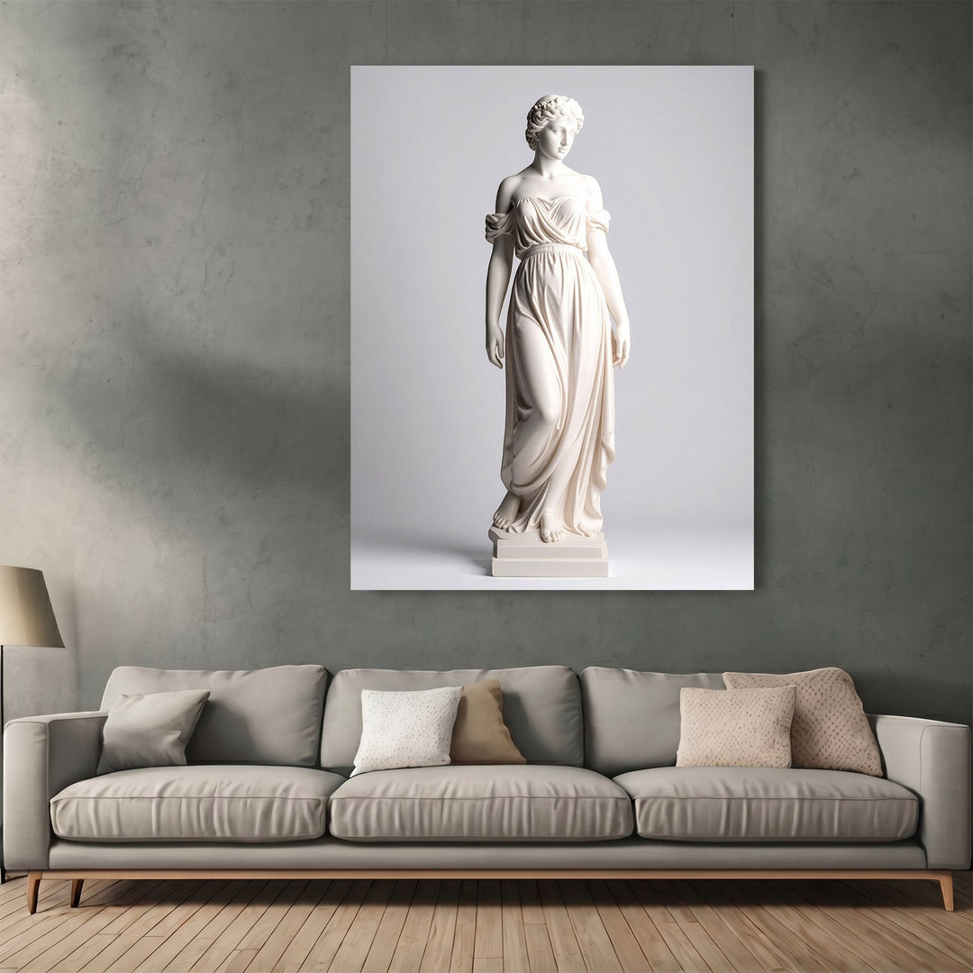 Wadi Home classical statue wall art print featuring a Greco-Roman figure above a modern grey sofa in a living room.