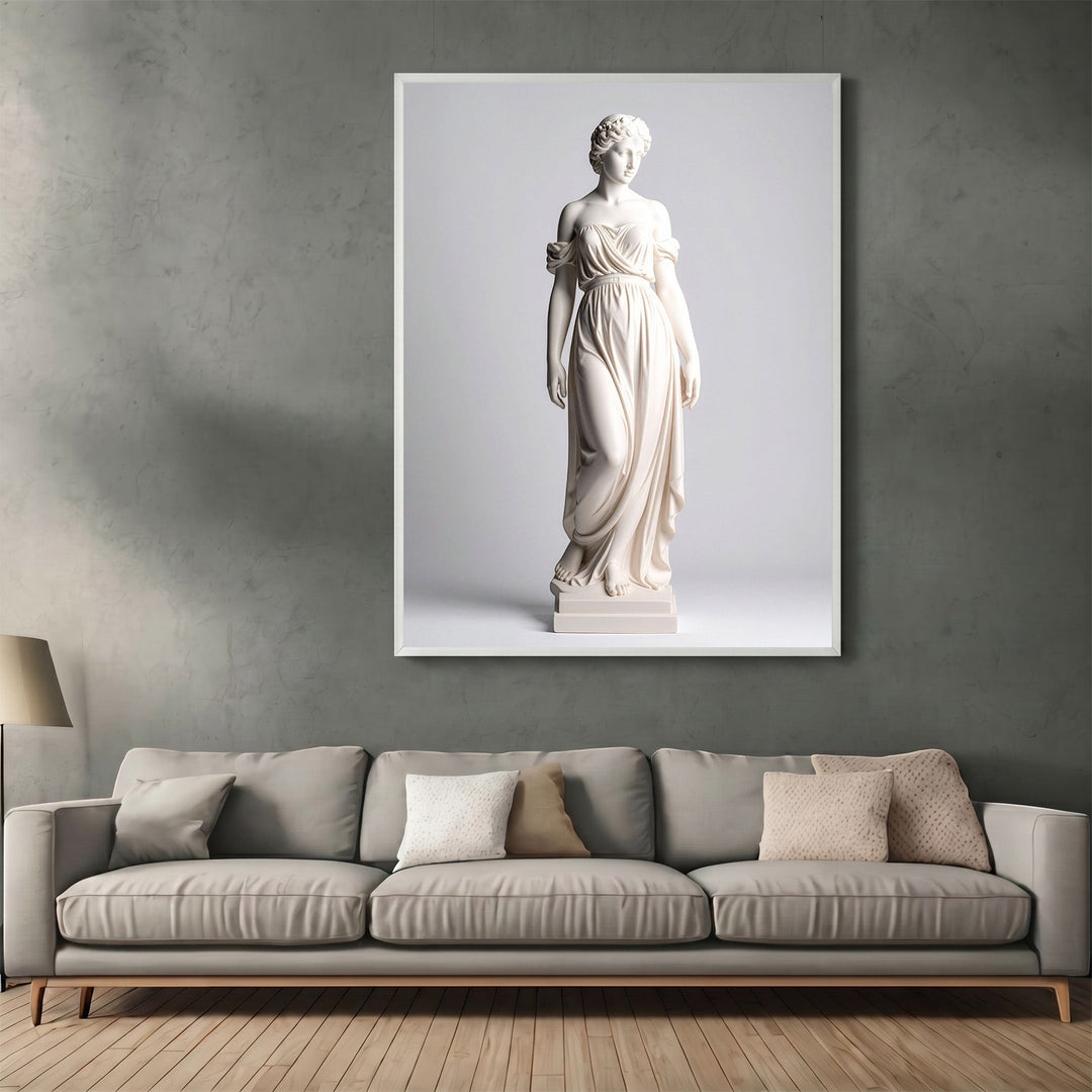 Wadi Home classical statue wall art print featuring a graceful Greco-Roman figure in a modern living room setting.