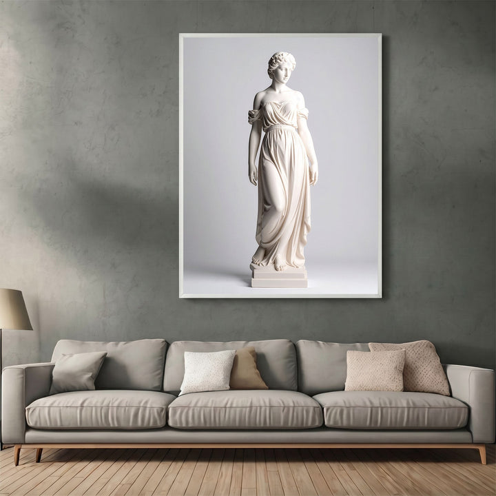 Wadi Home classical statue wall art print featuring a graceful Greco-Roman figure in a modern living room setting.